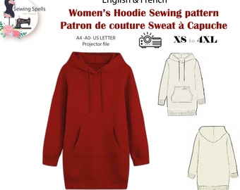 Women's Long Hoodie Digital Sewing Pattern - Sweatshirt sewing pattern- Projection file included- Projector file included