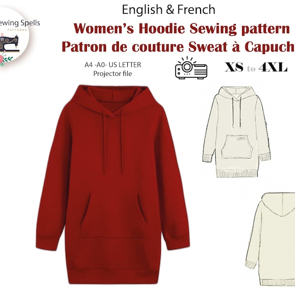 Women's Long Hoodie Digital Sewing Pattern - Sweat-shirt sewing pattern- Projection file included- Fichier projecteur inclus