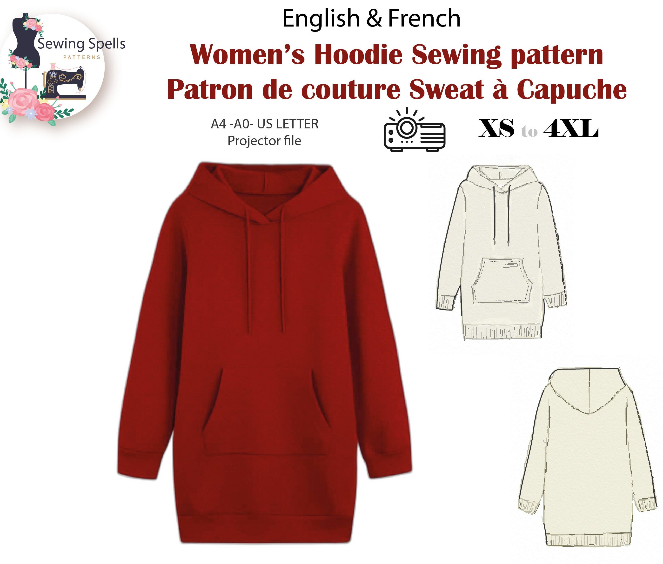Projection File Pattern Women's Long Hoodie Digital Sewing Pattern - Sweatshirt Sewing Pattern ...