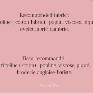 K&ouml;nnte beinhalten: Ein rosa Hintergrund mit Text, der empfohlene Stoffe auflistet: Tricoline (Baumwollstoff), Popeline, Viskose, Piqu&eacute;, Eyelet-Stoff und Batist. Der Text ist schwarz. Der untere Text lautet "Sanny Sply Patterns".