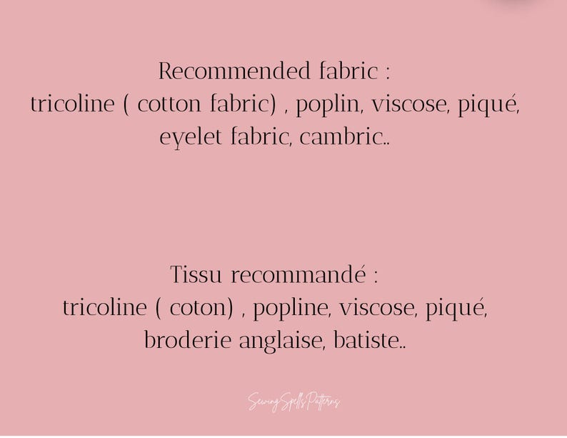 K&ouml;nnte beinhalten: Ein rosa Hintergrund mit Text, der empfohlene Stoffe auflistet: Tricoline (Baumwollstoff), Popeline, Viskose, Piqu&eacute;, Eyelet-Stoff und Batist. Der Text ist schwarz. Der untere Text lautet "Sanny Sply Patterns".