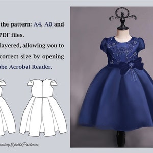 May include: A blue dress with a bow and lace detail. The dress is on a mannequin and has a white background. Included in the pattern: A4, A0 and US LETTER PDF files. All files are layered, allowing you to choose the correct size by opening them in Adobe Acrobat Reader.