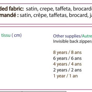 May include: Chart showing recommended fabric and lengths of fabric in centimeters for a sewing project. The chart also lists the length of an invisible back zipper needed for each size.
