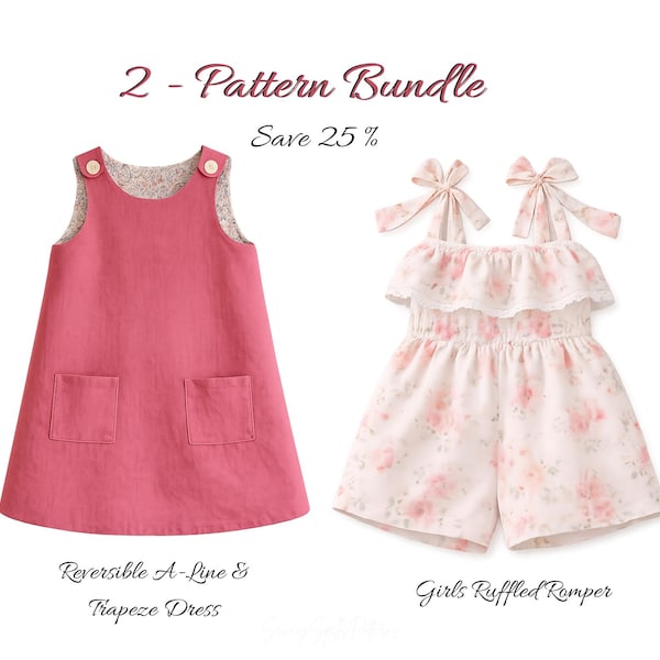 2-Pattern Bundle Girls Sewing Patterns PDF – Reversible Dress + Ruffled Romper – Baby Toddler Kids Pattern – A4 A0 US Letter Projector Files