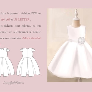 May include: A white sleeveless dress with a satin finish and a white flower accent on the waist. The dress is on a white mannequin. The image includes text that says "Inclus dans le patron: fichiers PDF au format A4, A0 et US LETTER. Tous les fichiers sont calqu&eacute;s, ce qui vous permet de s&eacute;lectionner la bonne taille en les ouvrant avec Adobe Acrobat Reader. Sewing Spells Patterns"