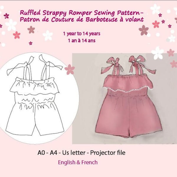 Digital Pattern for Girls' Ruffled Strappy Romper -  Patron Numérique de Salopette Short pour Filles