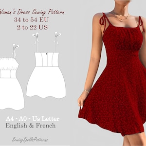 May include: A sewing pattern for a sleeveless dress with a square neckline and tie straps. The pattern is available in sizes 34 to 54 EU (2 to 22 US) and comes in A4, A0, and US Letter sizes. The pattern is written in English and French.