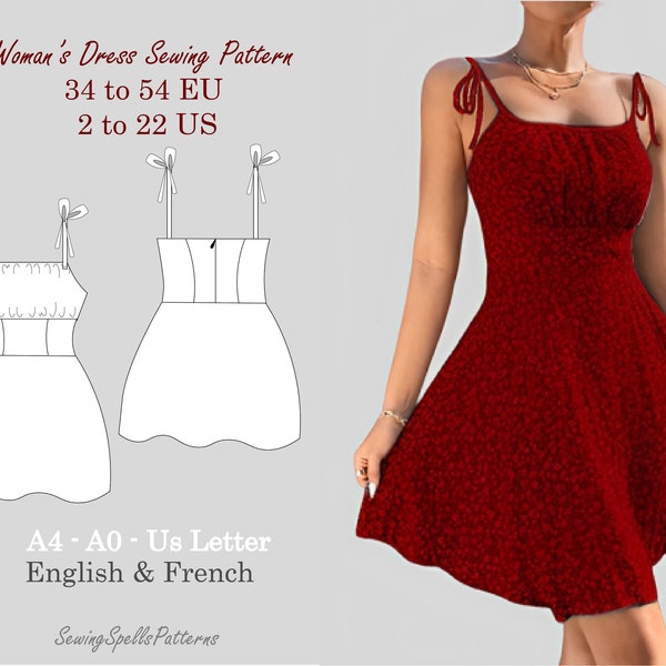 Strappy Tie Dress Sewing Pattern with Waist Detail and Half-circle Skirt  *** Patron de Robe à Bretelles et Jupe Demi-cercle