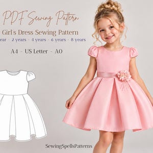 Könnte beinhalten: Ein PDF-Schnittmuster für ein Kleid mit dem Text PDF Sewing Pattern, Girl's Dress Sewing Pattern, 1 year - 2 years - 4 years - 6 years - 8 years, A4 - US Letter - A0 und SewingSpellsPatterns. Enthält eine Strichzeichnung und ein rosa Kleid.
