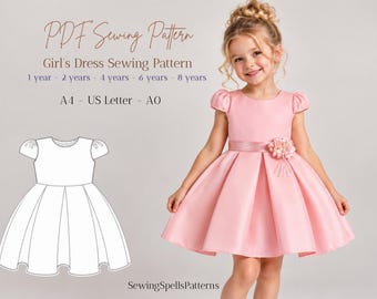 Könnte beinhalten: Ein PDF-Schnittmuster für ein Kleid mit dem Text PDF Sewing Pattern, Girl's Dress Sewing Pattern, 1 year - 2 years - 4 years - 6 years - 8 years, A4 - US Letter - A0 und SewingSpellsPatterns. Enthält eine Strichzeichnung und ein rosa Kleid.