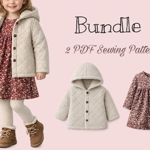 Peut inclure: Une petite fille porte une veste matelassée crème sur une robe à fleurs et des bottes marron. L'image montre également une veste et une robe assorties, avec le texte "Bundle 2 PDF Sewing Patterns".