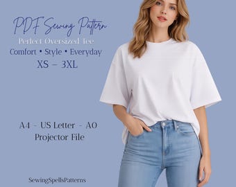 Oversized T-Shirt Sewing Pattern PDF | Easy Beginner Unisex Tee XS–3XL | A4 A0 US Letter Projector Digital Download