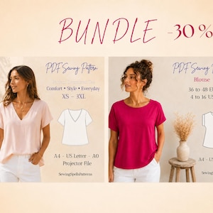 Peut inclure: Un ensemble de patrons de couture numériques pour deux modèles de chemisiers. L'un est un haut rose clair à col en V, l'autre un chemisier magenta à col rond. Inclut des dessins techniques, des tailles XS à 3XL et 4 à 16 US, et des formats A4, A0 et projecteur.