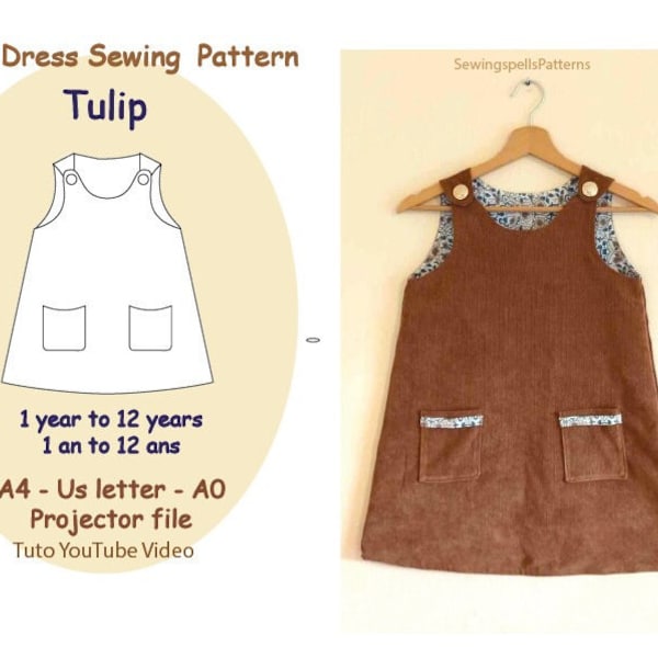 Digital Sewing Pattern : Reversible Trapeze/ A-Line Dress for Girls 1-12 Years