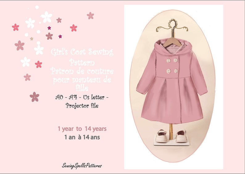 May include: A pink hooded coat sewing pattern for girls, sizes 1 to 14 years. The pattern includes a projector file and US letter size paper. The image shows a pink coat on a hanger with a white background.