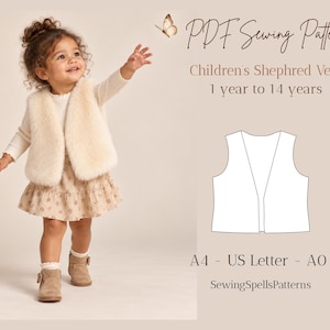 Peut inclure: Un patron de couture PDF pour un gilet de berger pour enfant, de 1 an à 14 ans. L'image affiche le texte 'PDF Sewing Pattern', 'Children's Shephred Vest', '1 year to 14 years', 'A4 - US Letter - A0' et 'SewingSpellsPatterns'.