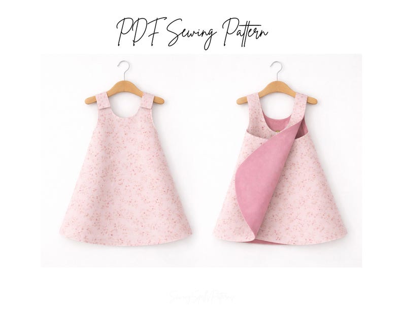K&ouml;nnte beinhalten: Zwei rosa Kleider auf Holzb&uuml;geln. Die Kleider haben ein Blumenmuster und ein reversibles Design. Der Text "PDF Sewing Pattern" ist kursiv am oberen Rand des Bildes geschrieben.