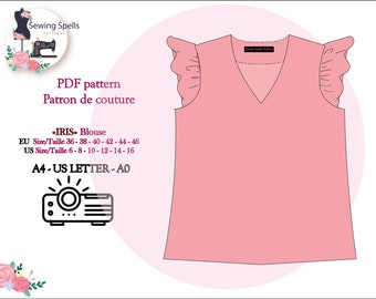 PDF Pattern Simple V-neck blouse with ruffle at the armhole