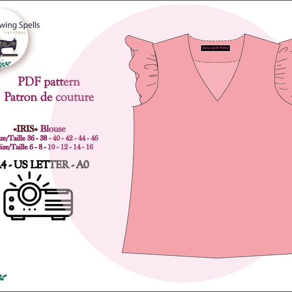 PDF Pattern Simple V-neck blouse  with ruffle at the armhole     Patron PDF : Blouse à col V simple avec volant au niveau des emmanchures