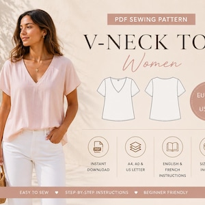 Peut inclure: Une femme porte un haut rose clair à col en V et un pantalon blanc. L'image comprend un motif de couture avec le texte "V-NECK TOP Women" et des détails de taille. Le texte supplémentaire indique "PDF Sewing Pattern" et "Easy to Sew."
