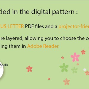 K&ouml;nnte beinhalten: Ein gr&uuml;ner Hintergrund mit rosa und gr&uuml;nen Blumen. Der Text lautet: "Im digitalen Muster enthalten: A4, A0, US LETTER PDF-Dateien und eine projektorfreundliche Datei. Alle Dateien sind geschichtet, sodass Sie die richtige Gr&ouml;&szlig;e ausw&auml;hlen k&ouml;nnen, indem Sie sie in Adobe Reader &ouml;ffnen." Ein Logo f&uuml;r Sewing Spells Patterns befindet sich in der linken unteren Ecke.
