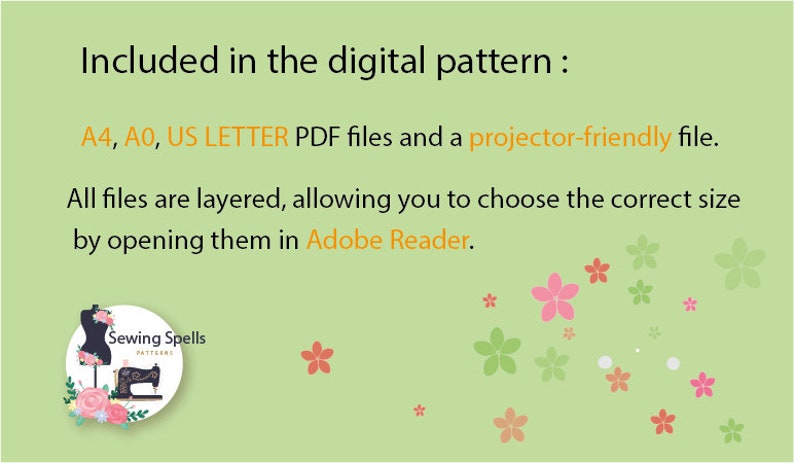 K&ouml;nnte beinhalten: Ein gr&uuml;ner Hintergrund mit rosa und gr&uuml;nen Blumen. Der Text lautet: "Im digitalen Muster enthalten: A4, A0, US LETTER PDF-Dateien und eine projektorfreundliche Datei. Alle Dateien sind geschichtet, sodass Sie die richtige Gr&ouml;&szlig;e ausw&auml;hlen k&ouml;nnen, indem Sie sie in Adobe Reader &ouml;ffnen." Ein Logo f&uuml;r Sewing Spells Patterns befindet sich in der linken unteren Ecke.