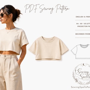 Puede incluir: Se muestra un top corto beige y pantalones a juego, junto con un diagrama de patrón. Los textos "PDF Sewing Pattern" y "Sewing Spells Patterns" son visibles. El patrón es apto para principiantes y está disponible en inglés y francés.