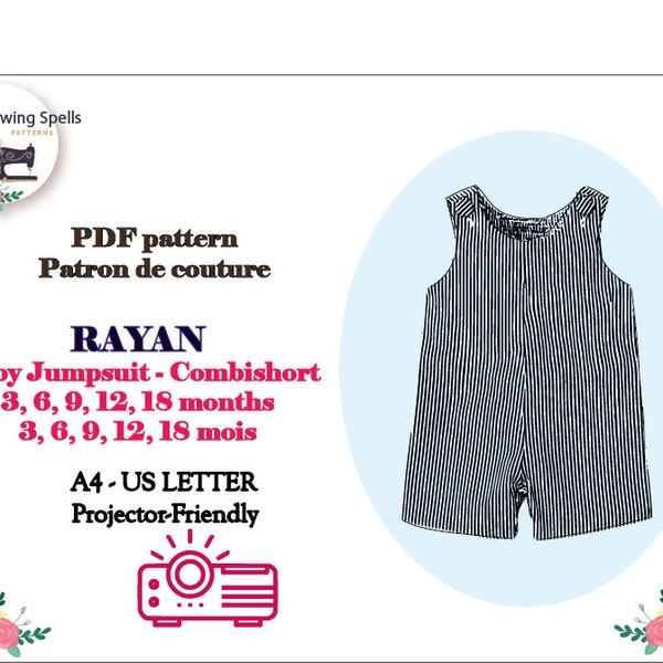 Baby Romper Jumpsuit PDF Sewing Pattern / Patron de couture Combishort Bébé/  Projector File / Fichier projecteur /