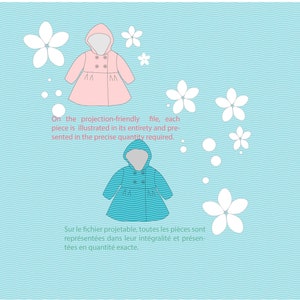 May include: Two children's raincoats, one pink and one blue, with hoods. The text on the image reads: "On the projection-friendly file, each piece is illustrated in its entirety and presented in the precise quantity required. Sur le fichier projetable, toutes les pi&egrave;ces sont repr&eacute;sent&eacute;es dans leur int&eacute;gralit&eacute; et pr&eacute;sent&eacute;es en quantit&eacute; exacte."