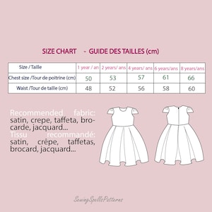 May include: Size chart for a dress pattern in centimeters. The chart shows chest and waist measurements for sizes 1 to 8 years. The recommended fabrics are satin, crepe, taffeta, brocade, and jacquard.