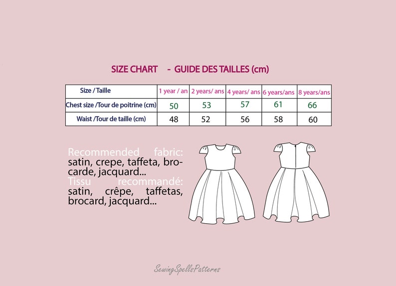 May include: Size chart for a dress pattern in centimeters. The chart shows chest and waist measurements for sizes 1 to 8 years. The recommended fabrics are satin, crepe, taffeta, brocade, and jacquard.