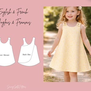 K&ouml;nnte beinhalten: Ein junges M&auml;dchen tr&auml;gt ein gelbes Kleid mit Blumenmuster und gekn&ouml;pften Tr&auml;gern. Das Bild enth&auml;lt eine Musterzeichnung mit dem Text "English & French Anglais & Fran&ccedil;ais" und "Front / Devant" und "Back / Dos".