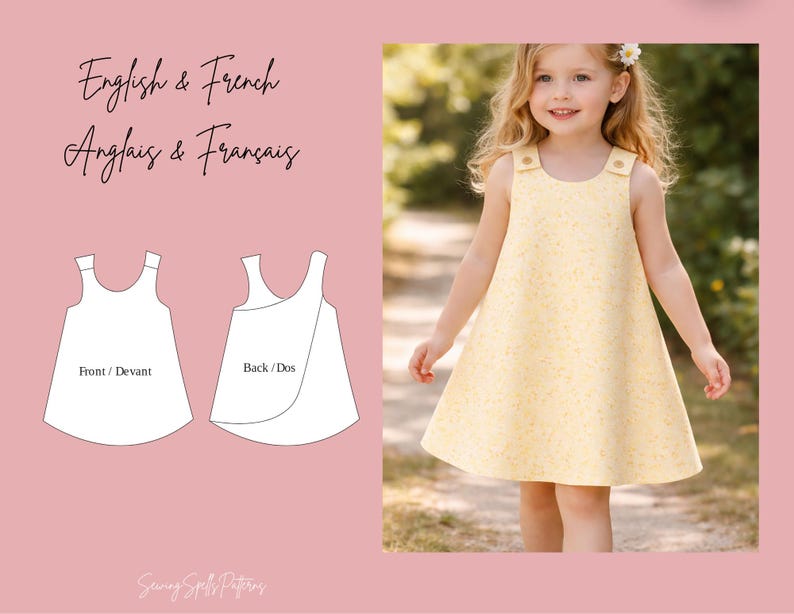 K&ouml;nnte beinhalten: Ein junges M&auml;dchen tr&auml;gt ein gelbes Kleid mit Blumenmuster und gekn&ouml;pften Tr&auml;gern. Das Bild enth&auml;lt eine Musterzeichnung mit dem Text "English & French Anglais & Fran&ccedil;ais" und "Front / Devant" und "Back / Dos".