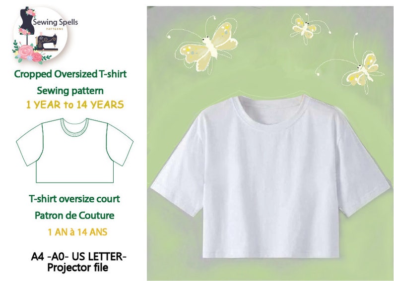 K&ouml;nnte beinhalten: Ein Schnittmuster f&uuml;r ein verk&uuml;rztes, &uuml;bergro&szlig;es T-Shirt f&uuml;r Kinder von 1 bis 14 Jahren. Das Schnittmuster enth&auml;lt Anweisungen f&uuml;r die Gr&ouml;&szlig;en A4, A0 und US Letter. Das Schnittmuster ist mit einem wei&szlig;en T-Shirt und Schmetterlingen illustriert.