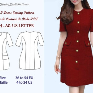 May include: A PDF sewing pattern for a dress with a button-up front, short sleeves, and pockets. The pattern is available in sizes 36 to 54 EU and 4 to 24 US. The pattern is shown on a model wearing a red dress.