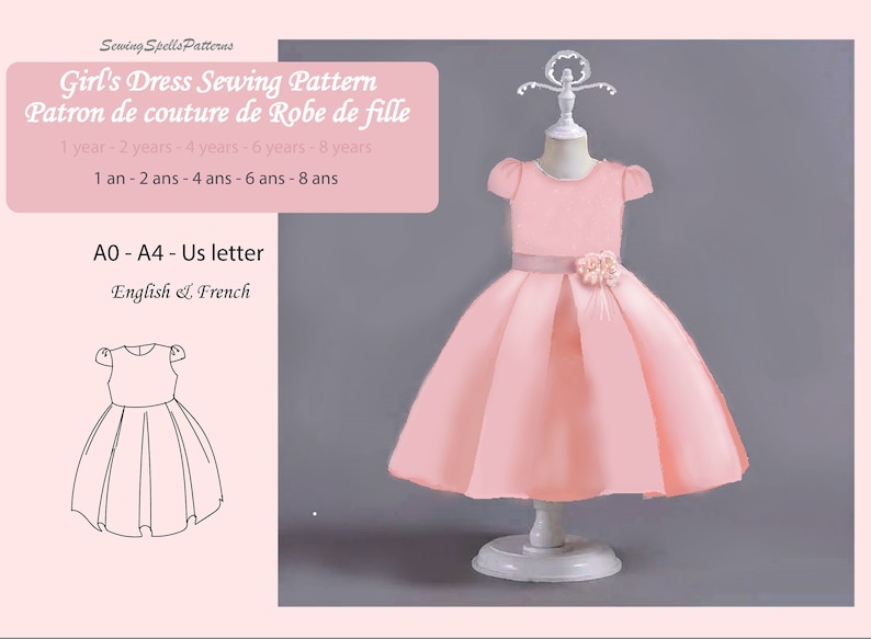 May include: A sewing pattern for a pink dress for girls, sizes 1-8 years. The pattern includes instructions in English and French. The pattern is available in A0 and A4 sizes.