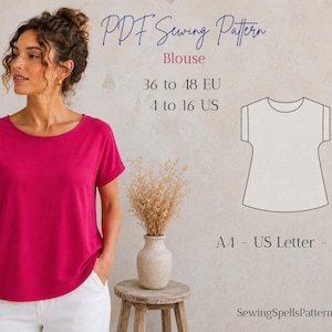 Peut inclure: Un patron de couture PDF pour un chemisier, avec le texte PDF Sewing Pattern, Blouse, 36 to 48 EU, 4 to 16 US, A4 - US Letter - A0 et SewingSpellsPatterns. Un dessin au trait d'un chemisier à manches courtes accompagne le texte.