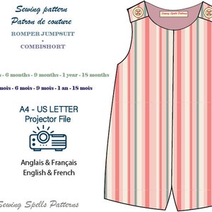 Op de afbeelding: Een naaipatroon voor een gestreepte romper of jumpsuit voor baby's en peuters. Het patroon is verkrijgbaar in maten van 3 maanden tot 18 maanden. Het patroon bevat instructies in zowel Engels als Frans. Het patroon is verkrijgbaar in A4- en US Letter-formaten. Het patroon is ook verkrijgbaar als projectorbestand.