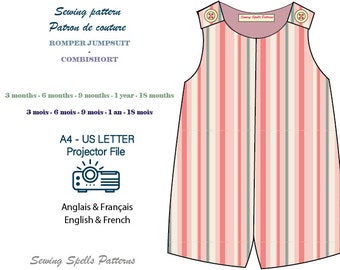 Baby Romper Jumpsuit PDF Sewing Pattern / Patron de couture Combishort Bébé/  Projector File / Fichier projecteur / 3 months to 18 months