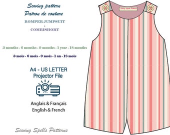 Baby Romper Jumpsuit PDF Sewing Pattern / Baby Romper Sewing Pattern / Projector File / Projector File / 3 months to 18 months