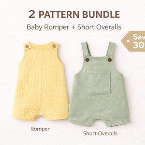 Peut inclure: Deux patrons de vêtements pour bébés : un bloomer jaune et une salopette courte vert sauge. Les deux vêtements ont des boutons en bois. L'image comprend le texte « 2 Pattern Bundle » et « Baby Romper + Short Overalls ». Une étiquette indique une réduction de 30 %.