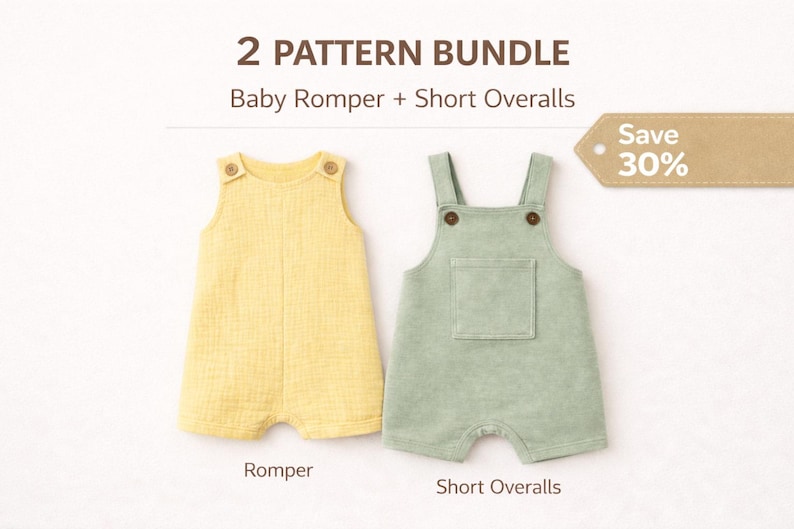 以下が含まれることがあります： 2つのベビー服のパターンバンドル。黄色いロンパースとセージグリーンのショートオーバーオール。どちらの衣服にも木製のボタンが付いています。画像には「2 Pattern Bundle」と「Baby Romper + Short Overalls」というテキストが含まれています。タグには30％割引と記載されています。
