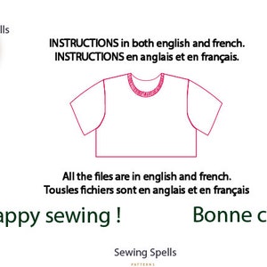 K&ouml;nnte beinhalten: Ein digitales Schnittmuster f&uuml;r ein kurzes T-Shirt. Das Schnittmuster enth&auml;lt Anweisungen in Englisch und Franz&ouml;sisch. Das Bild zeigt eine Strichzeichnung des T-Shirts.