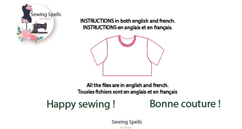 K&ouml;nnte beinhalten: Ein digitales Schnittmuster f&uuml;r ein kurzes T-Shirt. Das Schnittmuster enth&auml;lt Anweisungen in Englisch und Franz&ouml;sisch. Das Bild zeigt eine Strichzeichnung des T-Shirts.