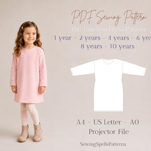 Peut inclure: Un patron de couture PDF intitulé The Timeless Dress Pattern pour les âges 1, 2, 4, 6, 8 et 10 ans. Inclut un dessin technique d'une robe à manches longues, formats A4, US Letter, A0 et fichier projecteur. Un enfant porte une robe rose pâle.