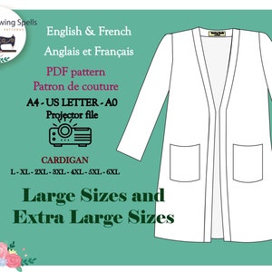 Könnte beinhalten: Ein weißes Strickjacken-Schnittmuster mit Taschen. Das Schnittmuster ist in den Größen L-XL-2XL-3XL-4XL-5XL-6XL erhältlich. Das Schnittmuster ist in Englisch und Französisch verfügbar. Das Schnittmuster ist in den Formaten A4, US Letter und A0 erhältlich. Das Schnittmuster ist auch als Projektionsdatei verfügbar.