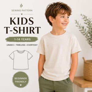 Könnte beinhalten: Ein Junge trägt ein beiges T-Shirt und eine olivgrüne Hose. Das Bild enthält den Text "KIDS T-SHIRT", "1-14 YEARS", "UNISEX • TIMELESS • EVERYDAY" und "BEGINNER FRIENDLY". Es ist ein Schnittmuster für Kinder.