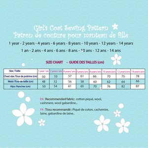 May include: A size chart for a girl's coat sewing pattern. The chart shows measurements in centimeters for chest, waist, and hips for sizes 1 to 14 years. The recommended fabrics are cotton piqu&eacute;, wool, cashmere, and wool gabardine.