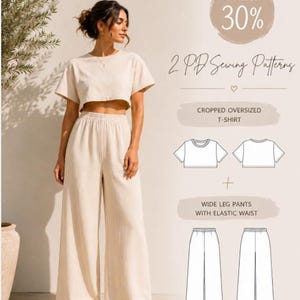 Peut inclure: Un ensemble beige composé d'un t-shirt court oversize et d'un pantalon large à taille élastique. L'image contient le texte : BUNDLE 30%, 2 PD Sewing Patterns, CROPPED OVERSIZED T-SHIRT, et WIDE LEG PANTS WITH ELASTIC WAIST.