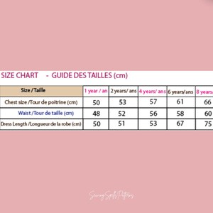 K&ouml;nnte beinhalten: Eine Gr&ouml;&szlig;entabelle in Zentimetern f&uuml;r Kinderkleidung. Sie enth&auml;lt Brust-, Taillen- und Kleidl&auml;ngenmessungen f&uuml;r Kinder im Alter von 1 bis 8 Jahren. Der Text ist auf Englisch und Franz&ouml;sisch.